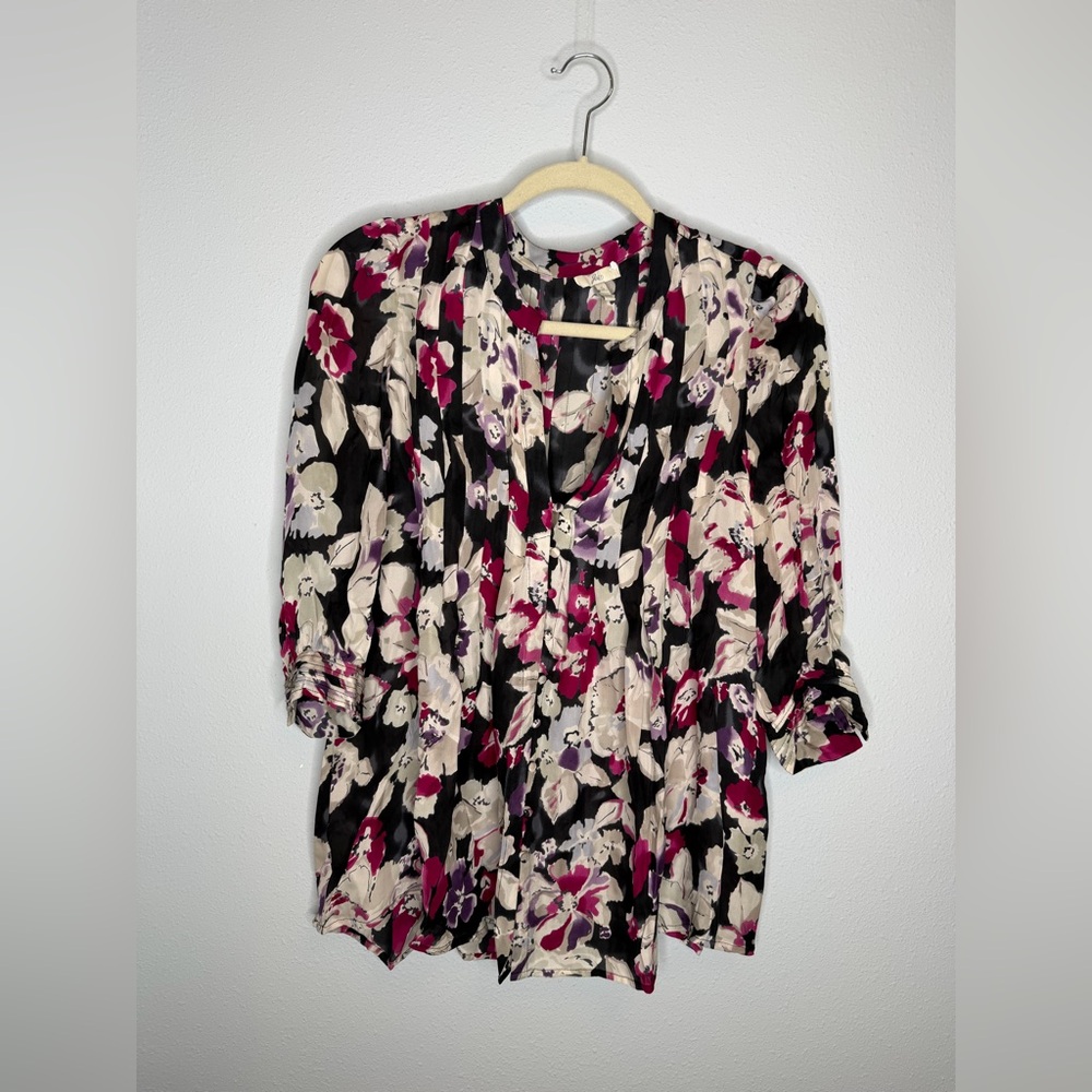 Joie Purple Floral Print Pleated Pintuck Tunic Blouse Top Size Small